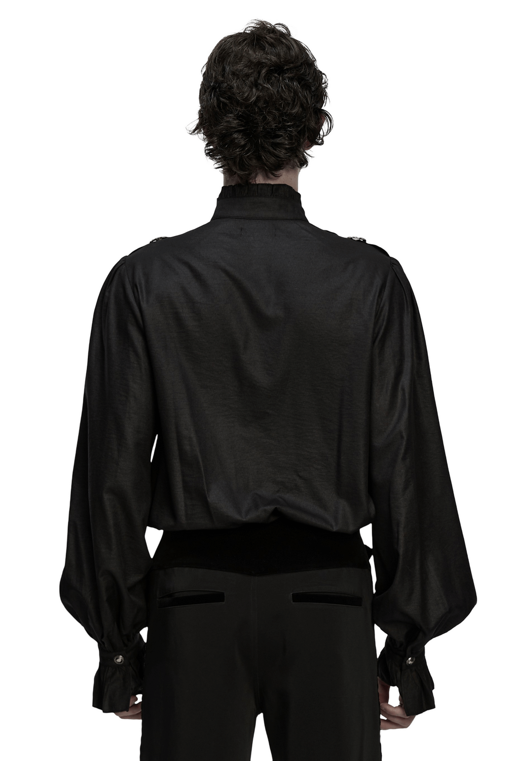 Gothic Pleated Black Shirt with Stand Collar and Buckles, featuring dramatic bubble sleeves and ruffled collar from the back.