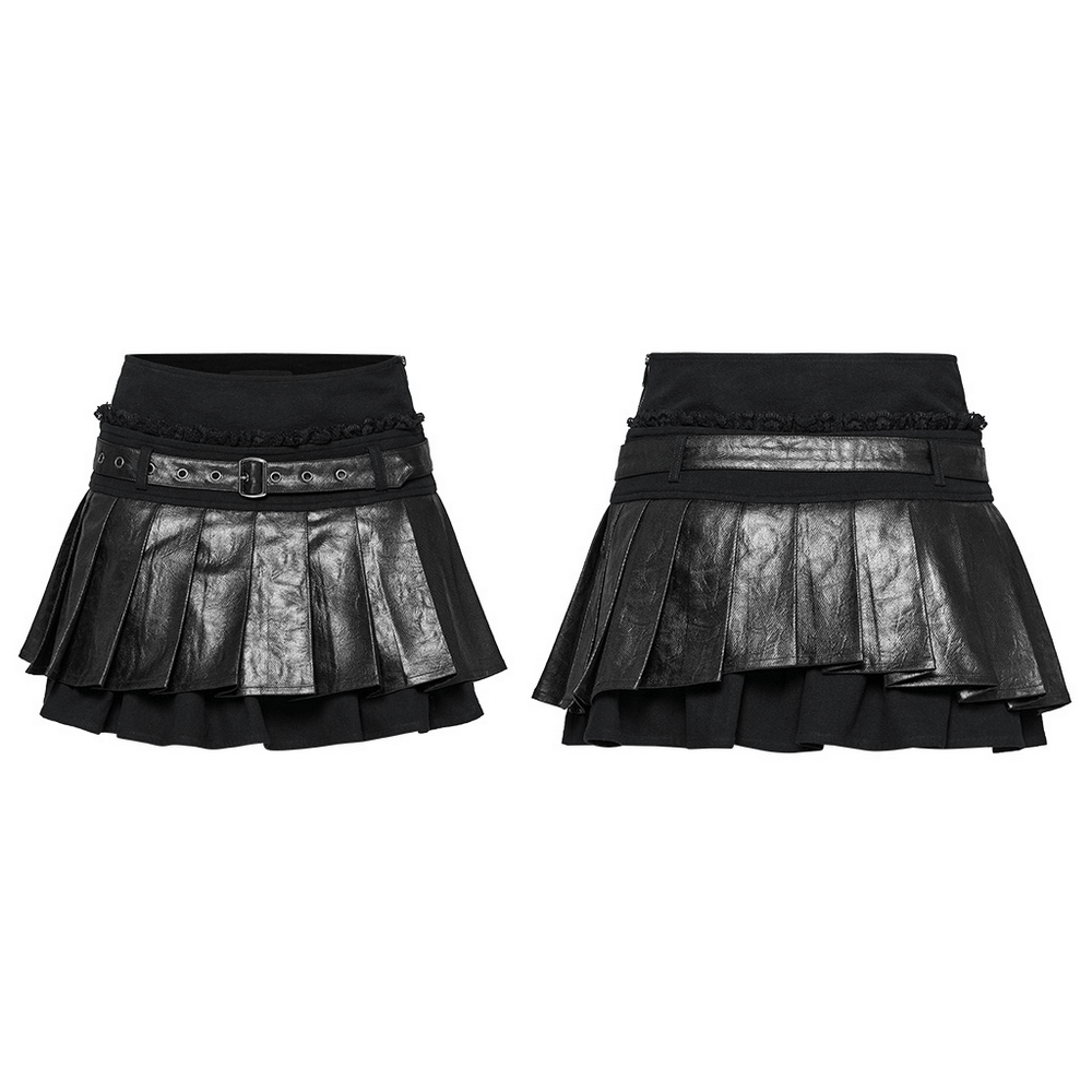Gothic pleated mini skirt featuring faux leather and lace, adjustable belt, and layered pleats for a punk aesthetic.
