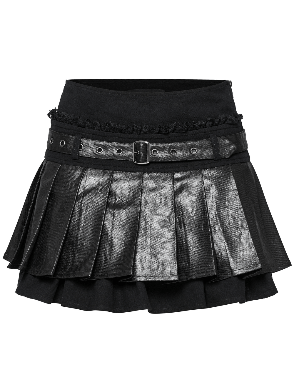 Gothic pleated mini skirt with faux leather, adjustable belt, and ruffled lace for edgy punk style.
