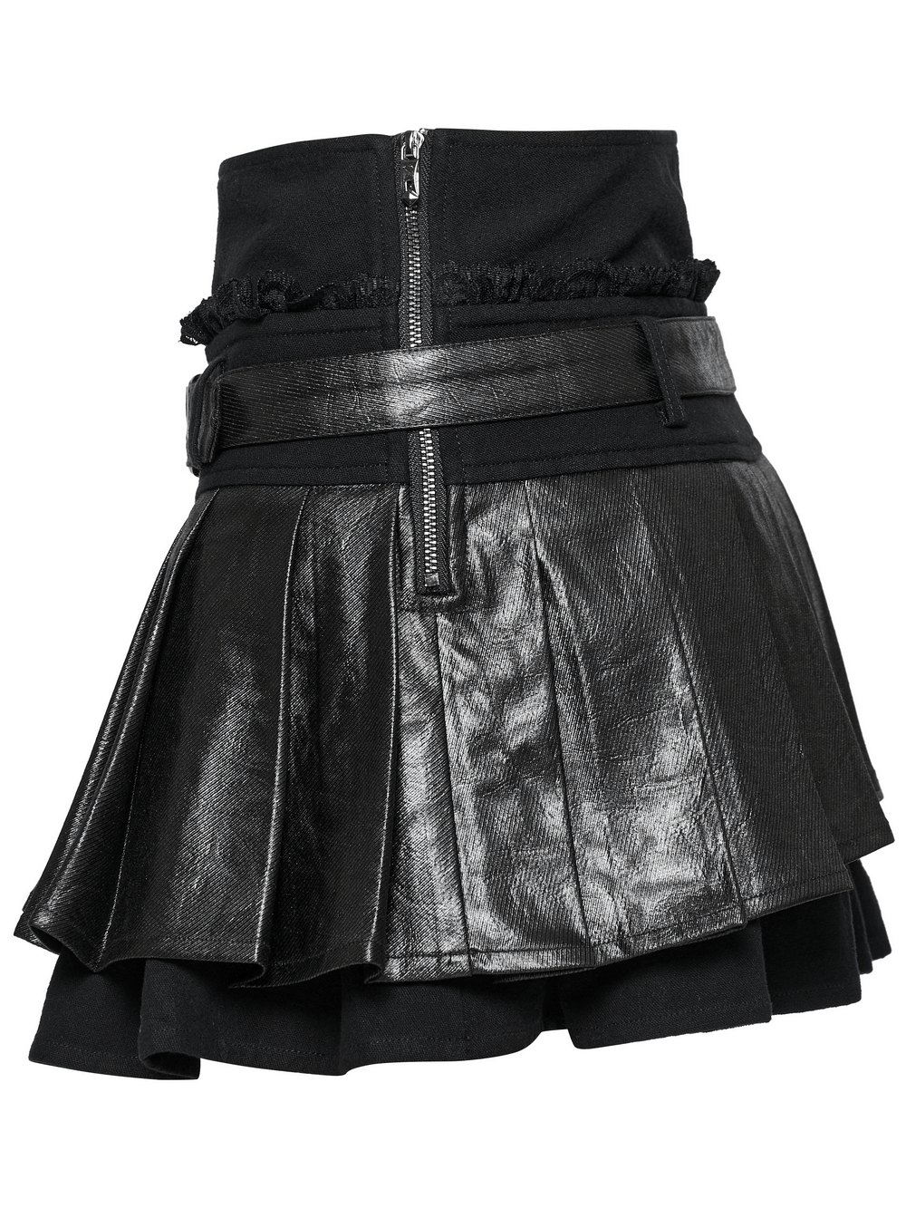 Gothic pleated mini skirt featuring faux leather, ruffled lace, and adjustable belt for a punk-inspired look.