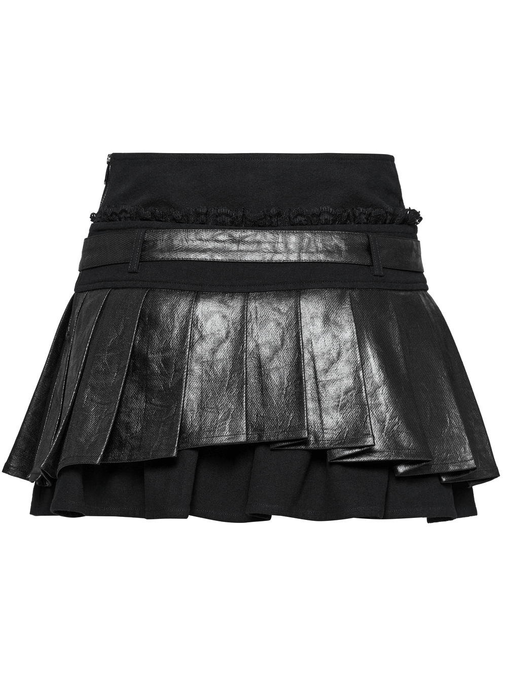 Gothic pleated mini skirt with faux leather and lace detailing, featuring adjustable belt and ruffled layers.