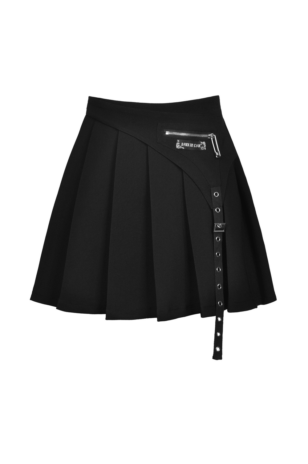 Gothic pleated mini skirt with eyelet strap and side zipper detail, perfect for edgy outfits.