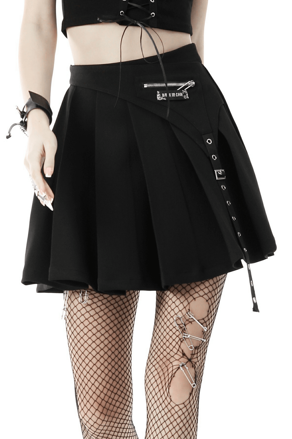 Gothic pleated mini skirt with side zipper, edgy design, perfect for adding a bold touch to your outfit.