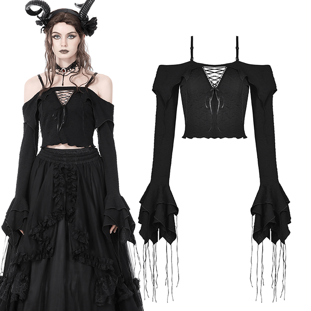 Gothic off-shoulder black crop top with ruffled sleeves and lace-up front for a steampunk style.