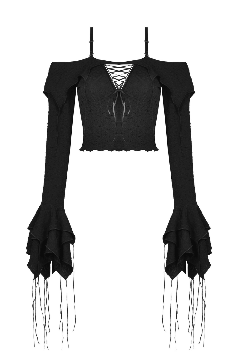 Gothic pleated off-shoulder crop top with ruffle sleeves and cutouts, perfect for darkwear style.