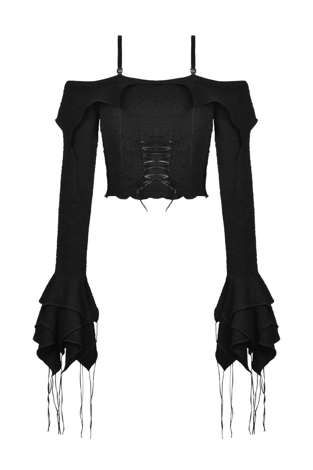 Gothic pleated off-shoulder crop top with ruffle sleeves and cutout details, perfect for a dark, steampunk-inspired look.