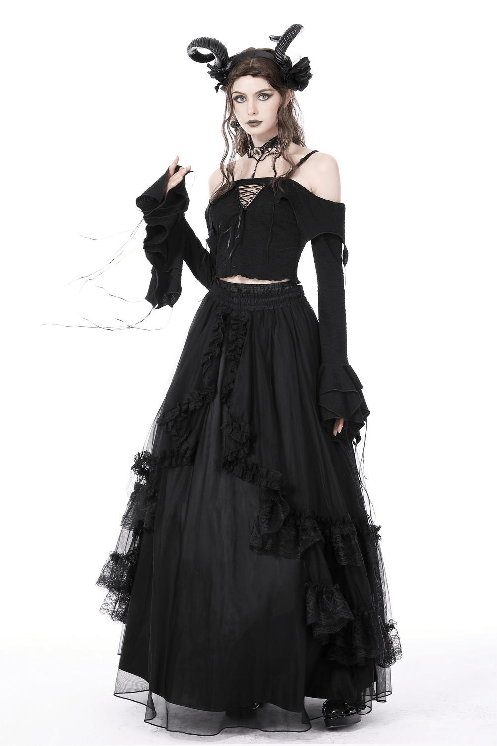 Gothic off-shoulder crop top with ruffle sleeves paired with a flowing black skirt, perfect for a dark, enchanting look.