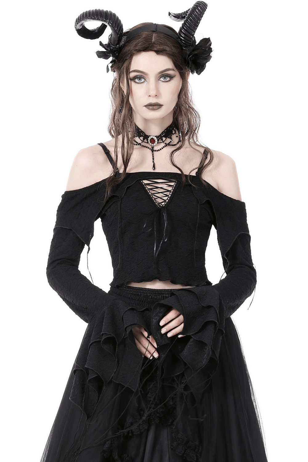 Gothic off-shoulder crop top with dramatic sleeves, perfect for a dark and edgy steampunk look.