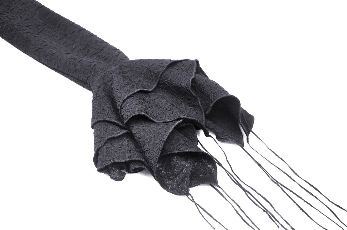 Elegant black textured scarf with ruffled edges and fringed ends, perfect for adding a stylish touch to any outfit.