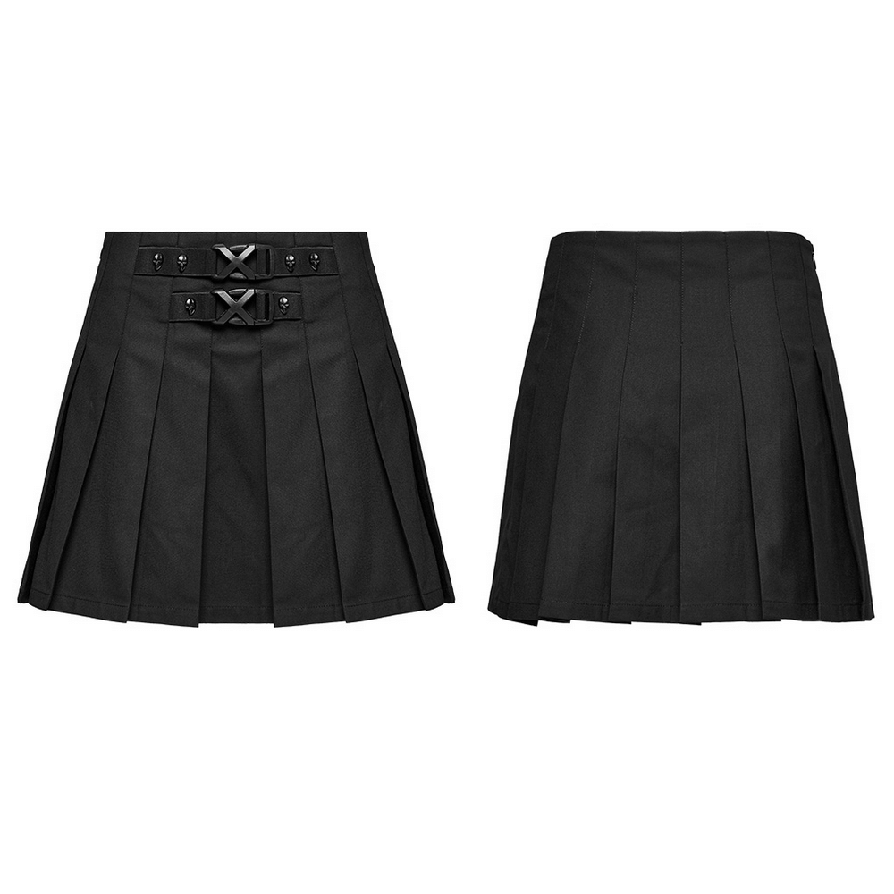 Gothic pleated skirt for women featuring buckles and rivets, showcasing a bold and edgy style.