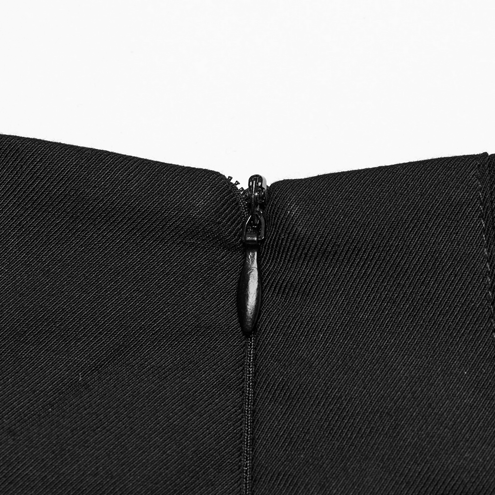 Close-up view of the zipper on a black Gothic pleated skirt, highlighting its quality detailing.