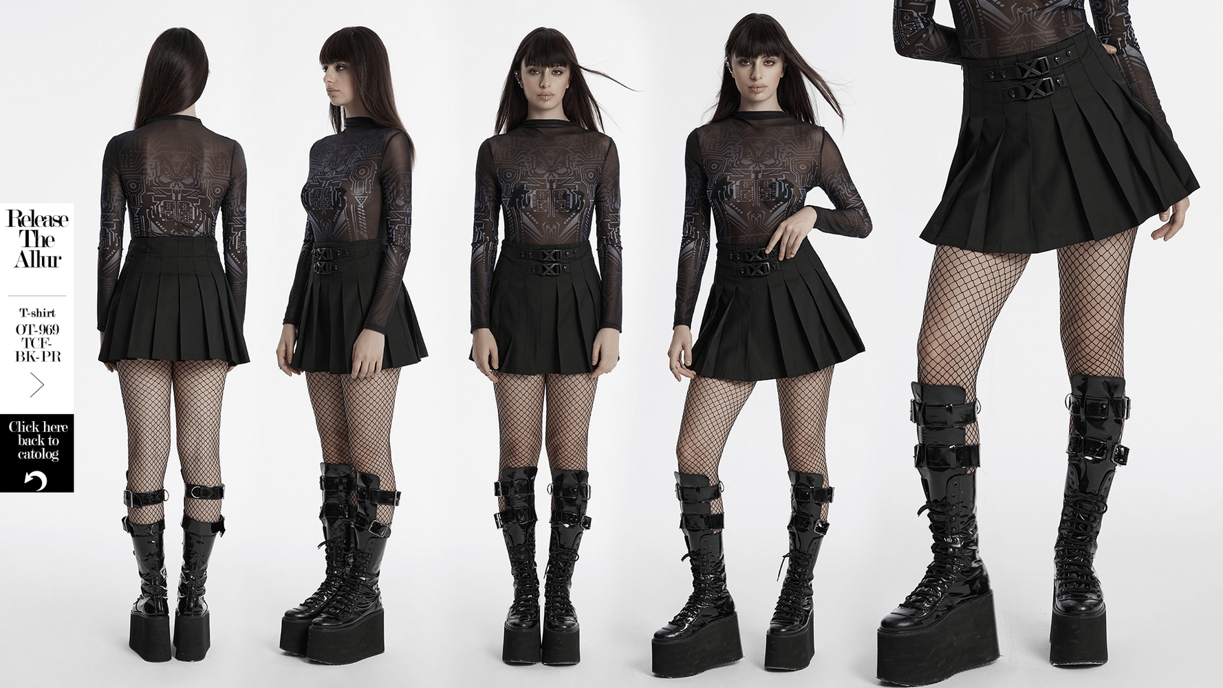 Gothic pleated skirt with buckles and rivets, showcased on model in black fishnet and platform boots.