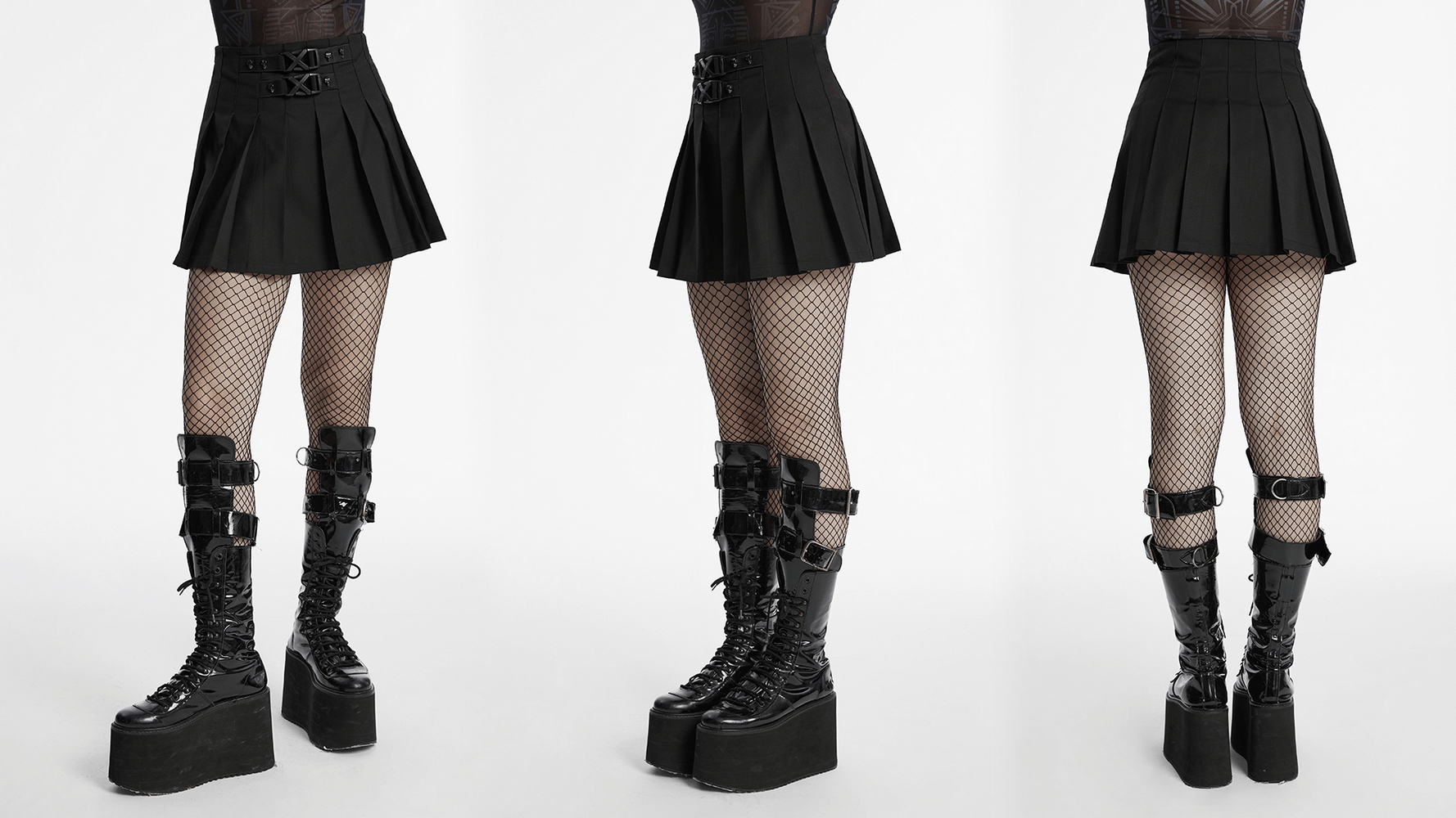 Gothic pleated skirt with buckles and rivet details, paired with fishnet tights and chunky platform boots.