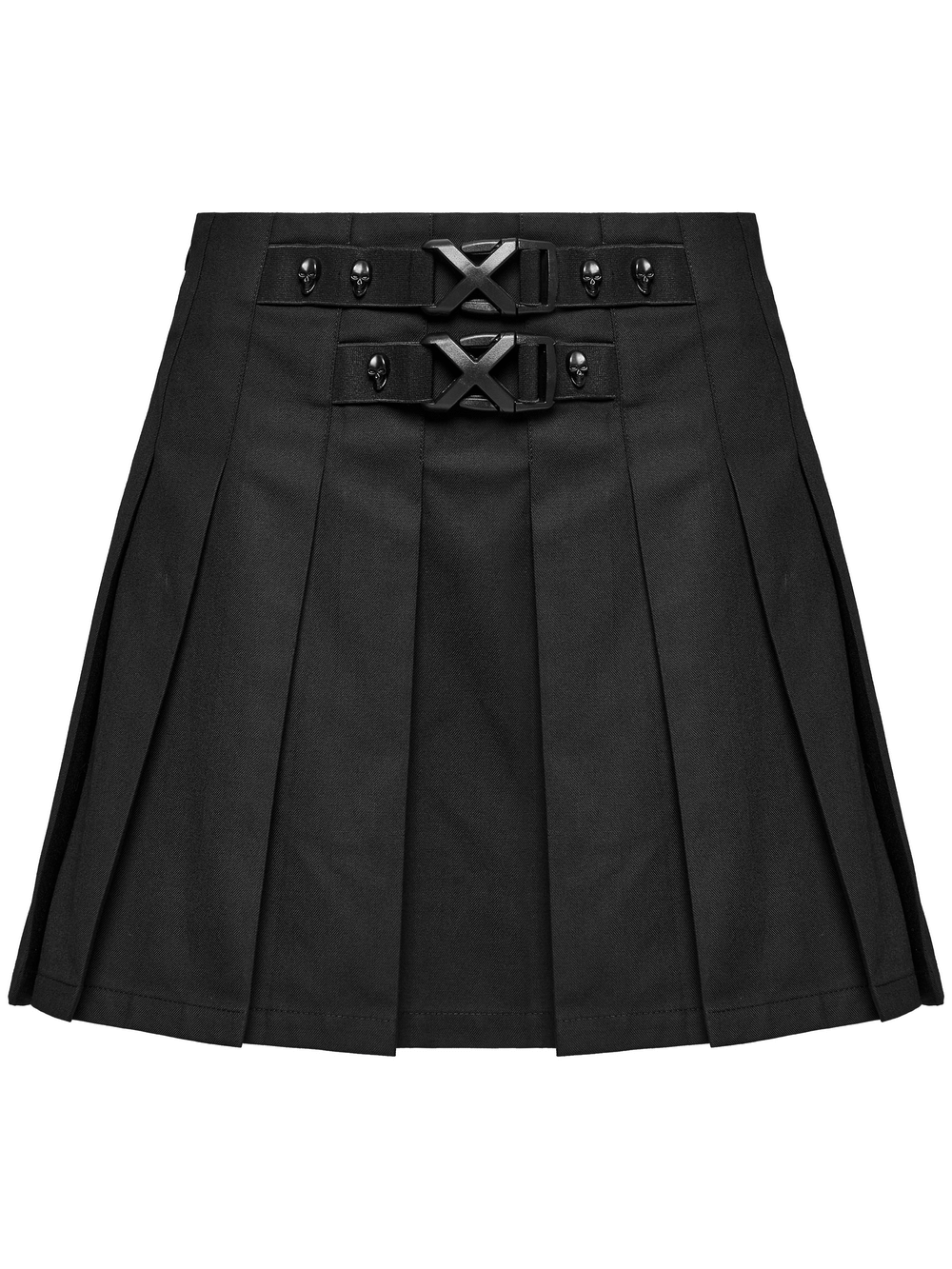 Gothic pleated skirt with buckles and skull rivets, perfect for bold punk fashion.