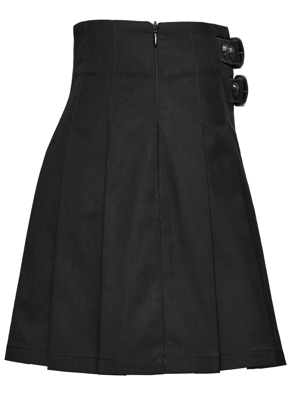 Gothic pleated skirt with waist buckles and rivets, perfect for punk style enthusiasts. A-line cut in classic black.