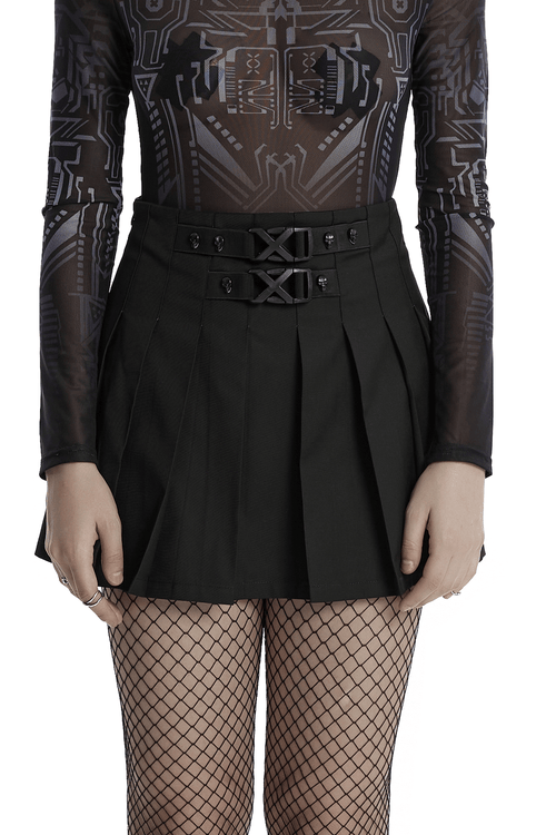 Gothic Pleated Skirt with Buckles and Rivets for Women