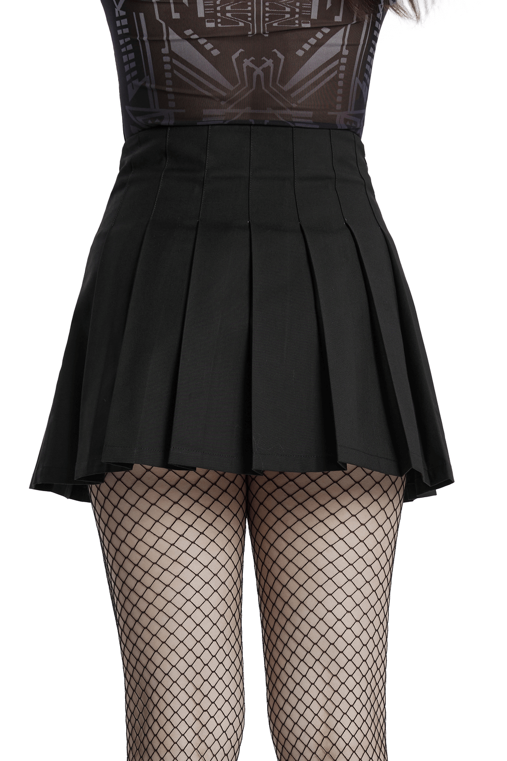 Gothic pleated skirt with buckles, fishnet tights, showcasing edgy punk style for women.