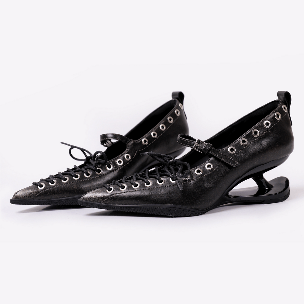 Gothic Pointed Toe Lace-Up Pumps with Sculpted Heels