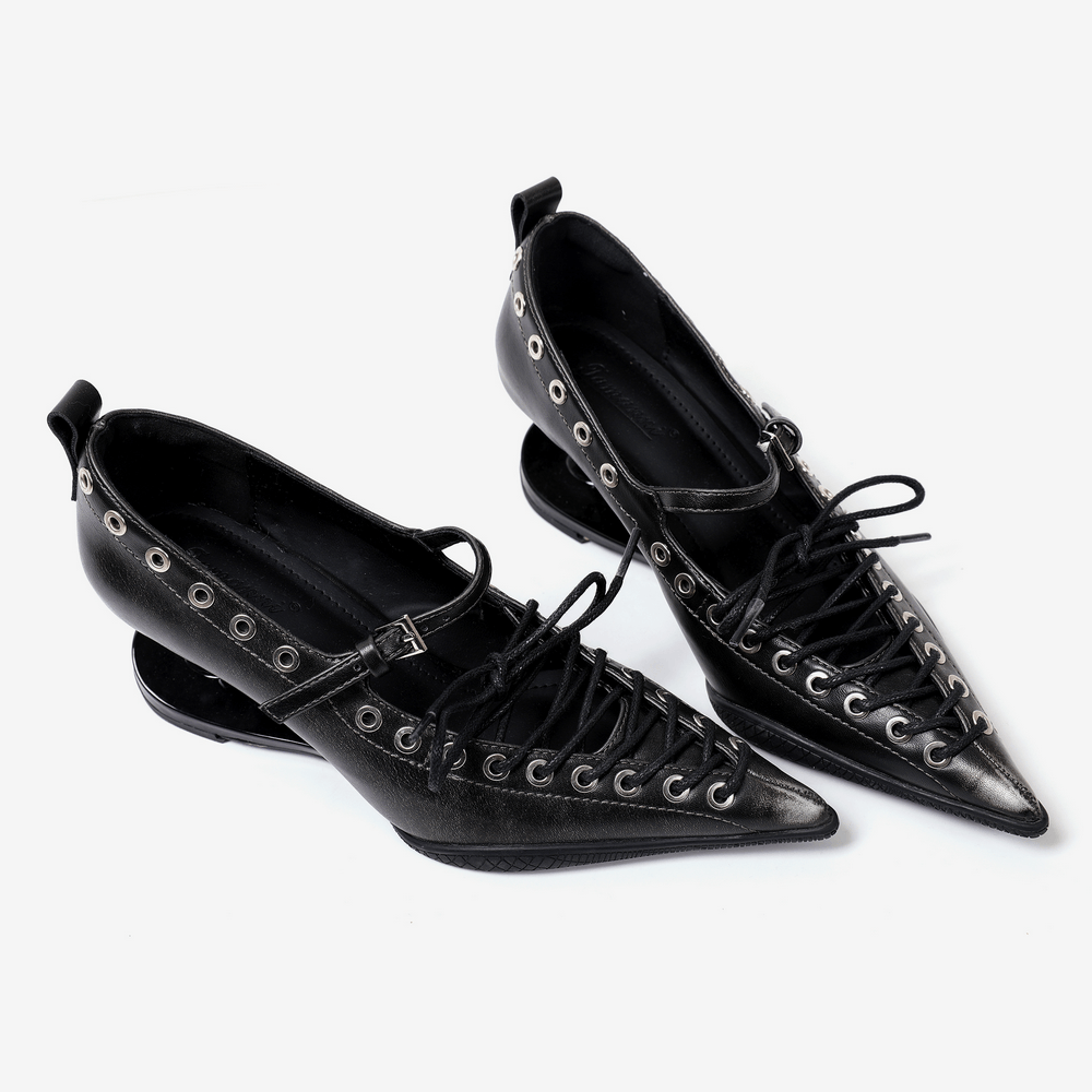 Gothic Pointed Toe Lace-Up Pumps with Sculpted Heels