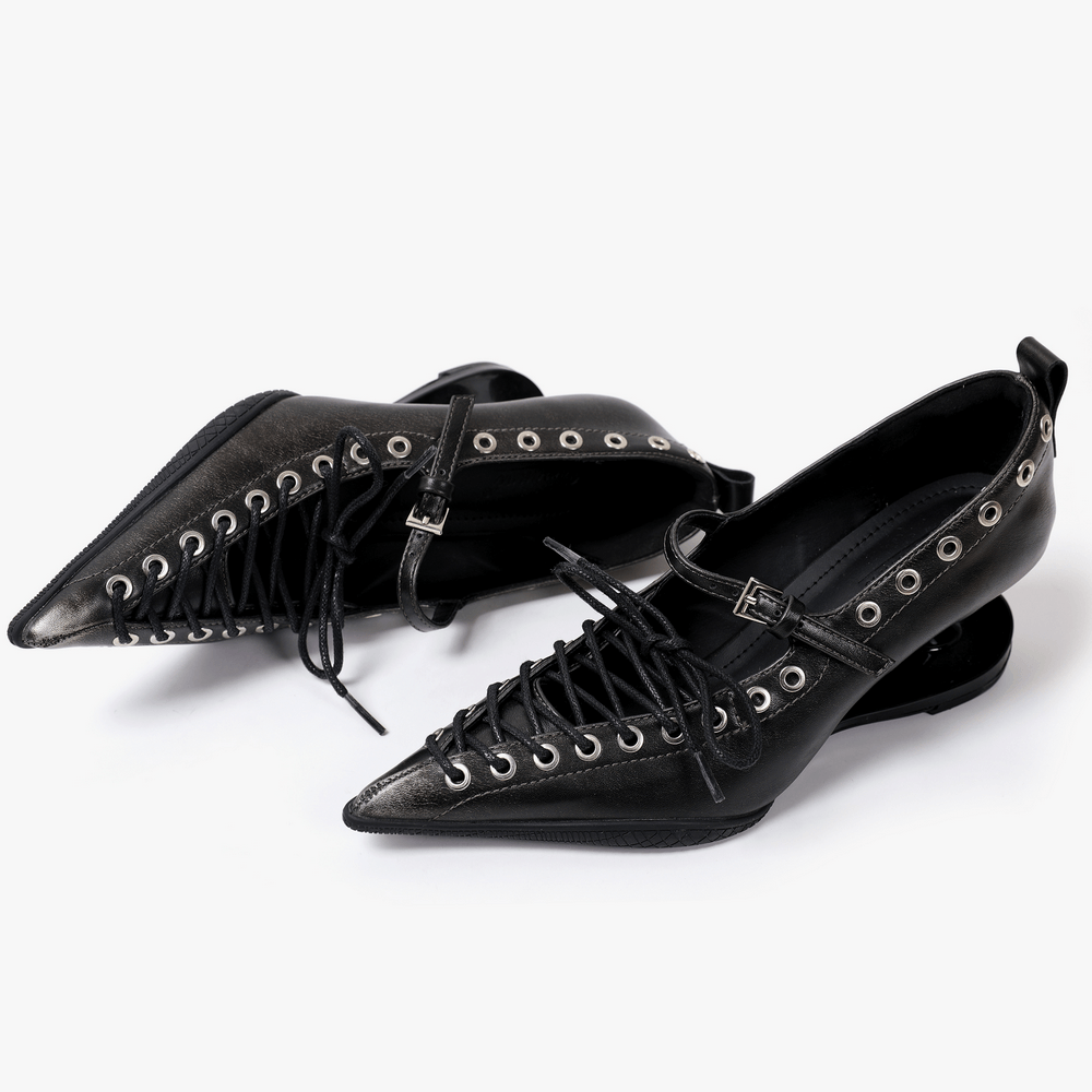 Gothic Pointed Toe Lace-Up Pumps with Sculpted Heels