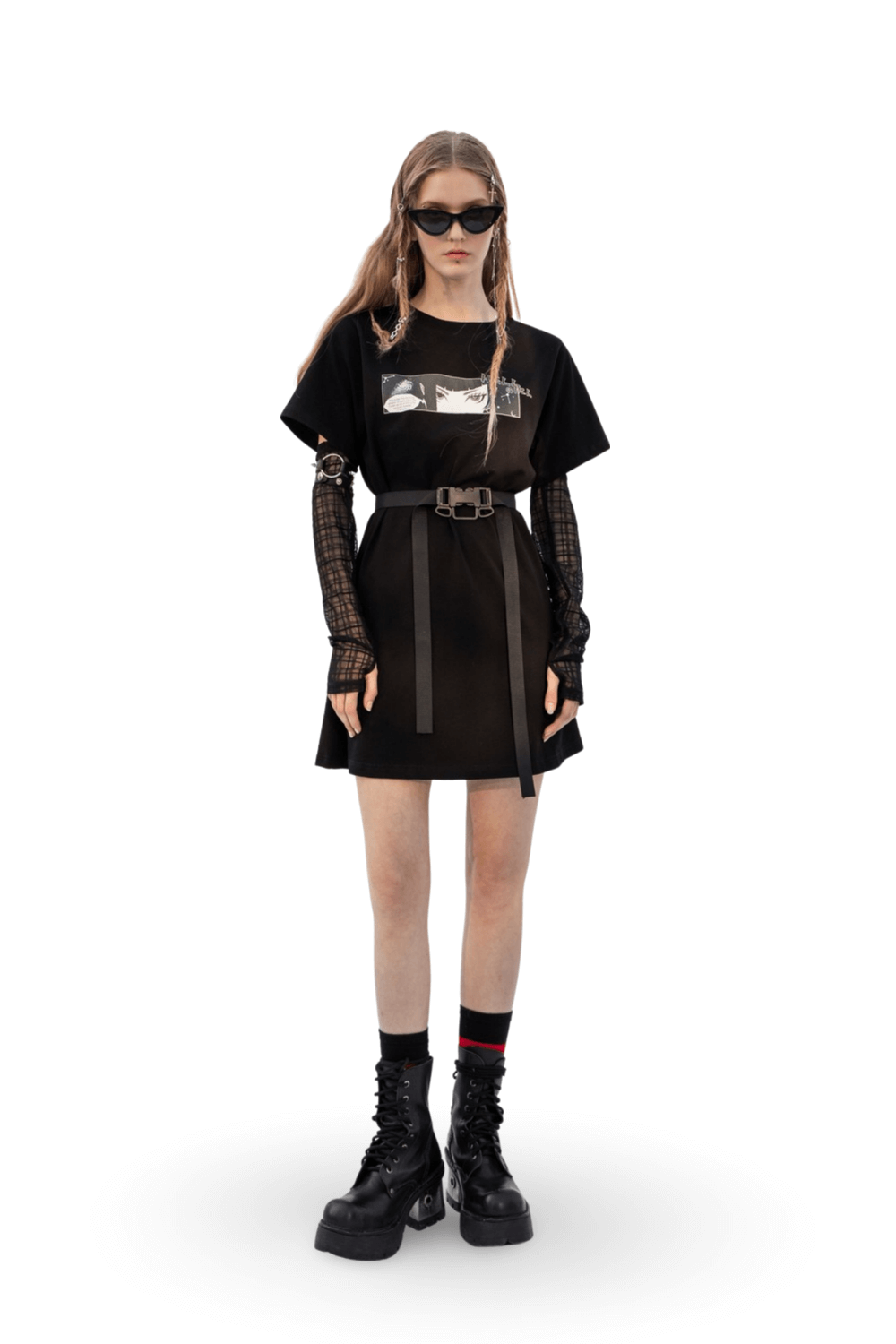 Gothic Print Dress with Detachable Mesh Sleeves