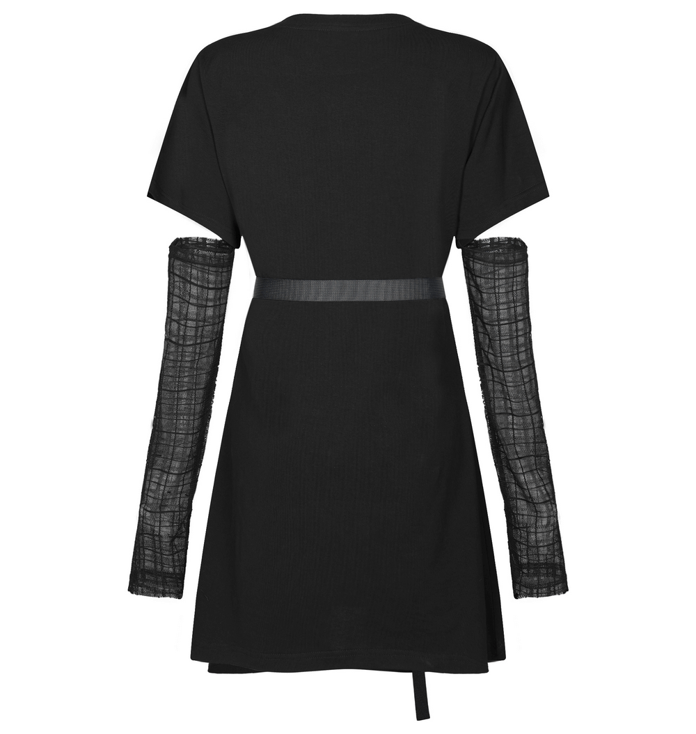 Gothic Print Dress with Detachable Mesh Sleeves