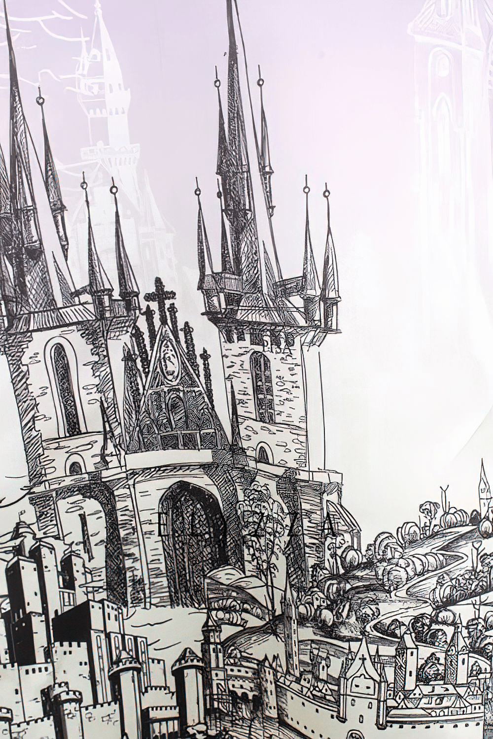 Detailed black and white illustration of a gothic castle with spires and a medieval cityscape.