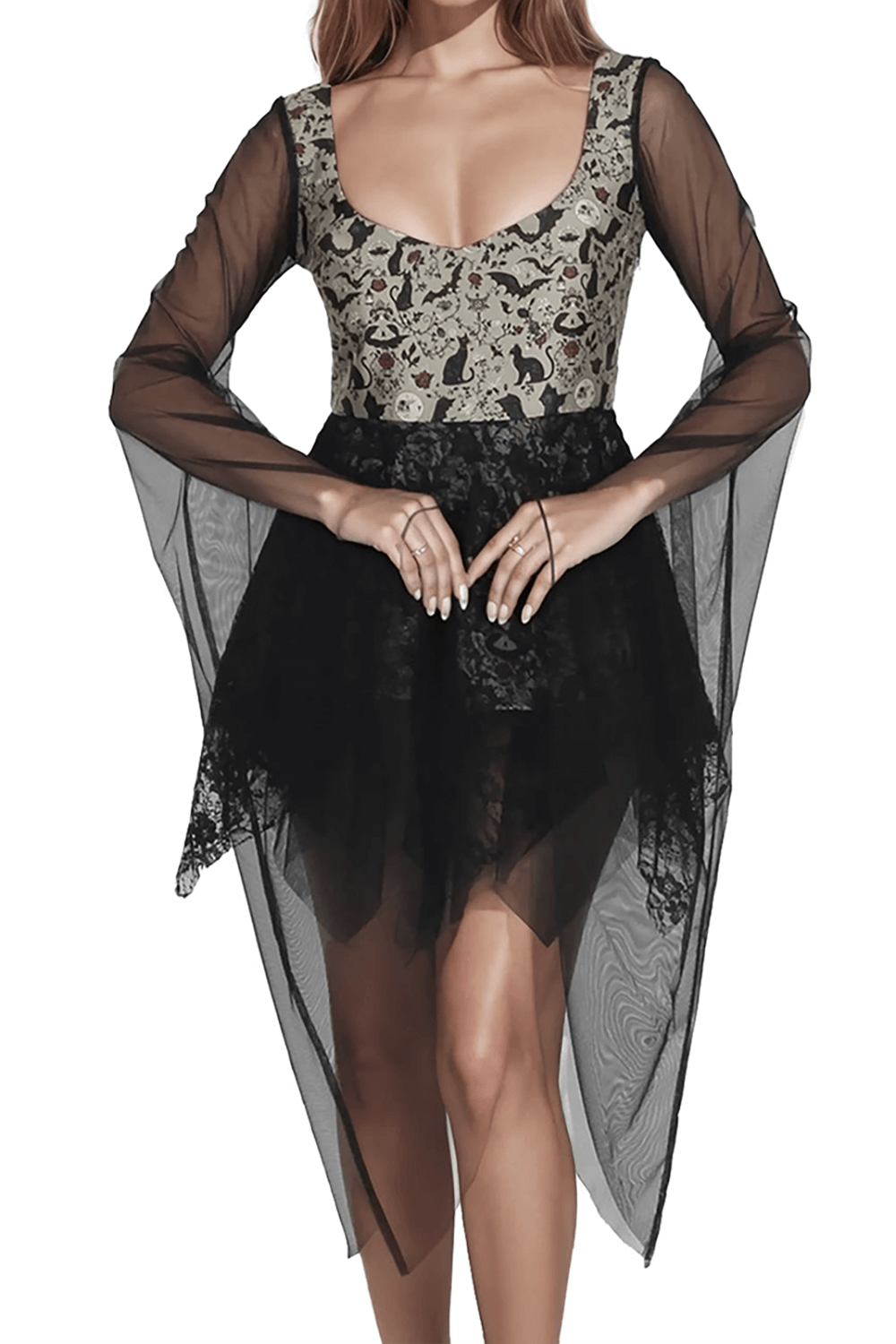 Gothic Printed Mesh Dress with Lace Overskirt and Sleeves featuring cats and moons pattern and sheer mesh sleeves.