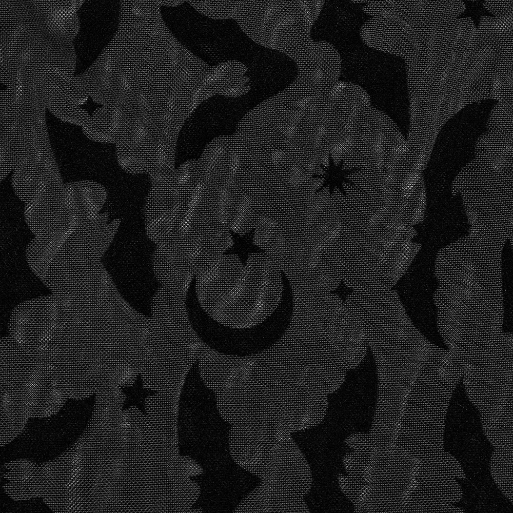 Black bat and crescent moon pattern on dark fabric, perfect for gothic and grunge fashion designs.