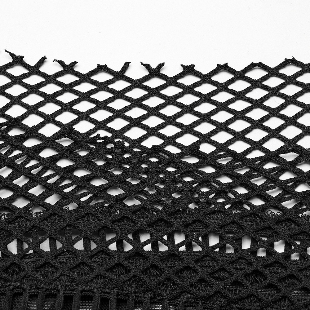 Close-up of black bat flocked mesh fabric showcasing intricate netting for gothic fashion.
