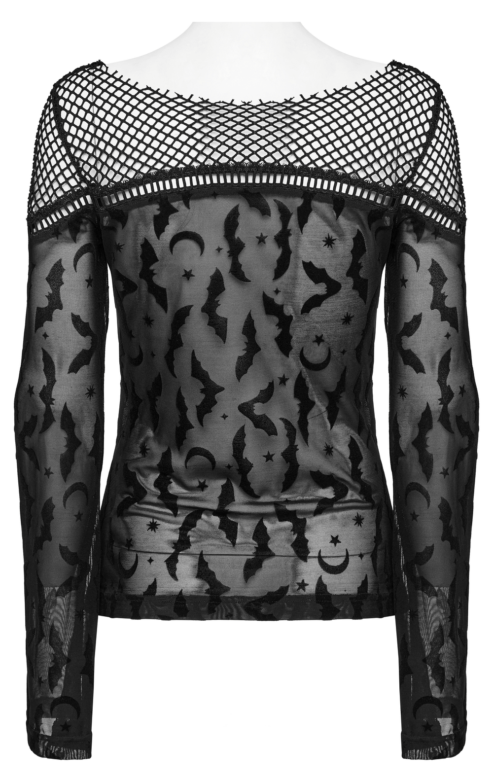 Gothic sheer mesh long sleeve top with bat and moon prints, featuring sexy mesh detail and batwing sleeves.