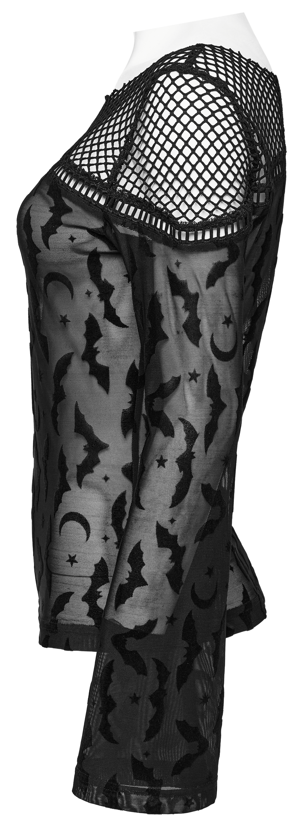 Gothic printed sheer mesh long sleeve top featuring bat motifs and alluring mesh shoulders.