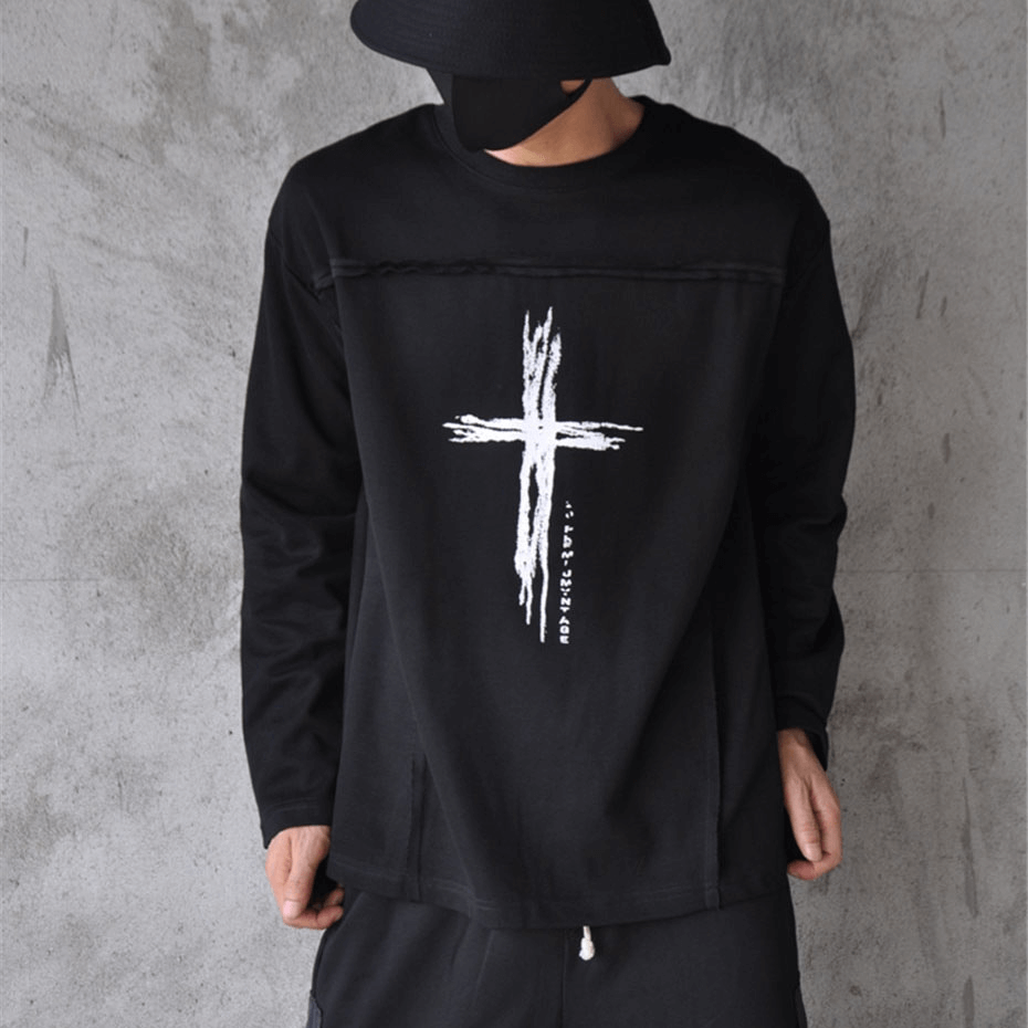 Gothic Printing Long Sleeves Cotton Tops / O-Neck Black Loose Sweatshirt for Men - HARD'N'HEAVY