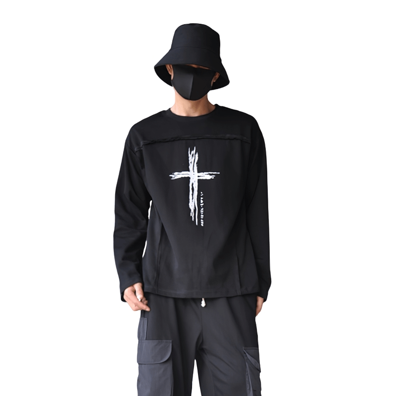 Gothic Printing Long Sleeves Cotton Tops / O-Neck Black Loose Sweatshirt for Men - HARD'N'HEAVY