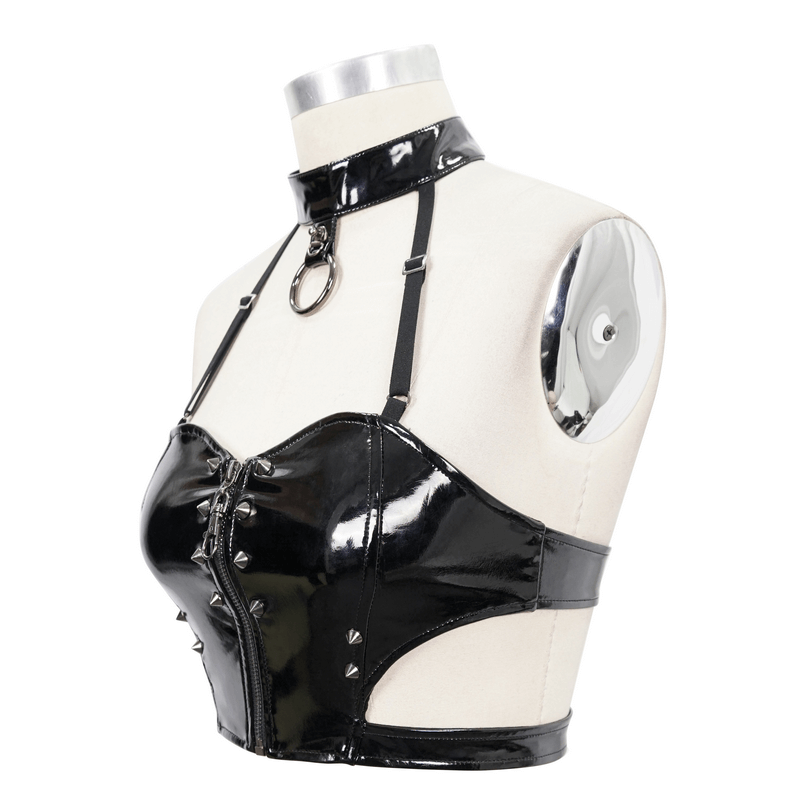 Gothic black PU leather halter top with spikes, adjustable straps, and a zipper, perfect for edgy fashion lovers.