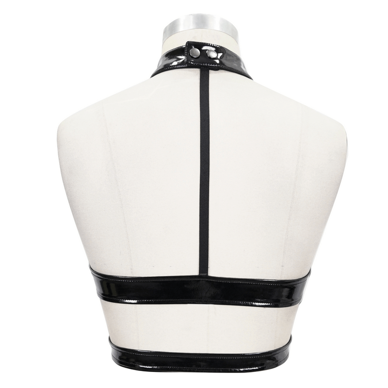 Back view of a gothic black PU leather halter crop top with adjustable straps and metal details.