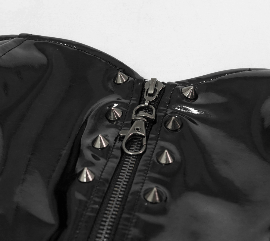 Close-up of a black PU leather halter top showcasing a zipper and spiked rivets, perfect for gothic fashion.