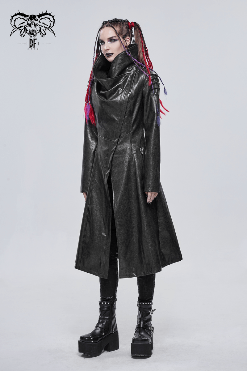 Gothic PU Leather Long Coat with Rope on Shoulders / Women's Stand Collar Coat with Zipper on Cuffs - HARD'N'HEAVY