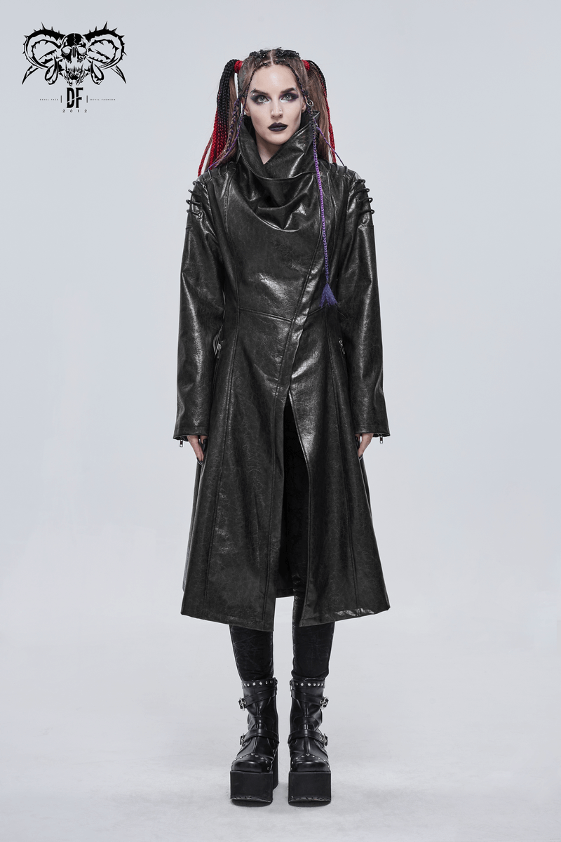 Gothic PU Leather Long Coat with Rope on Shoulders / Women's Stand Collar Coat with Zipper on Cuffs - HARD'N'HEAVY