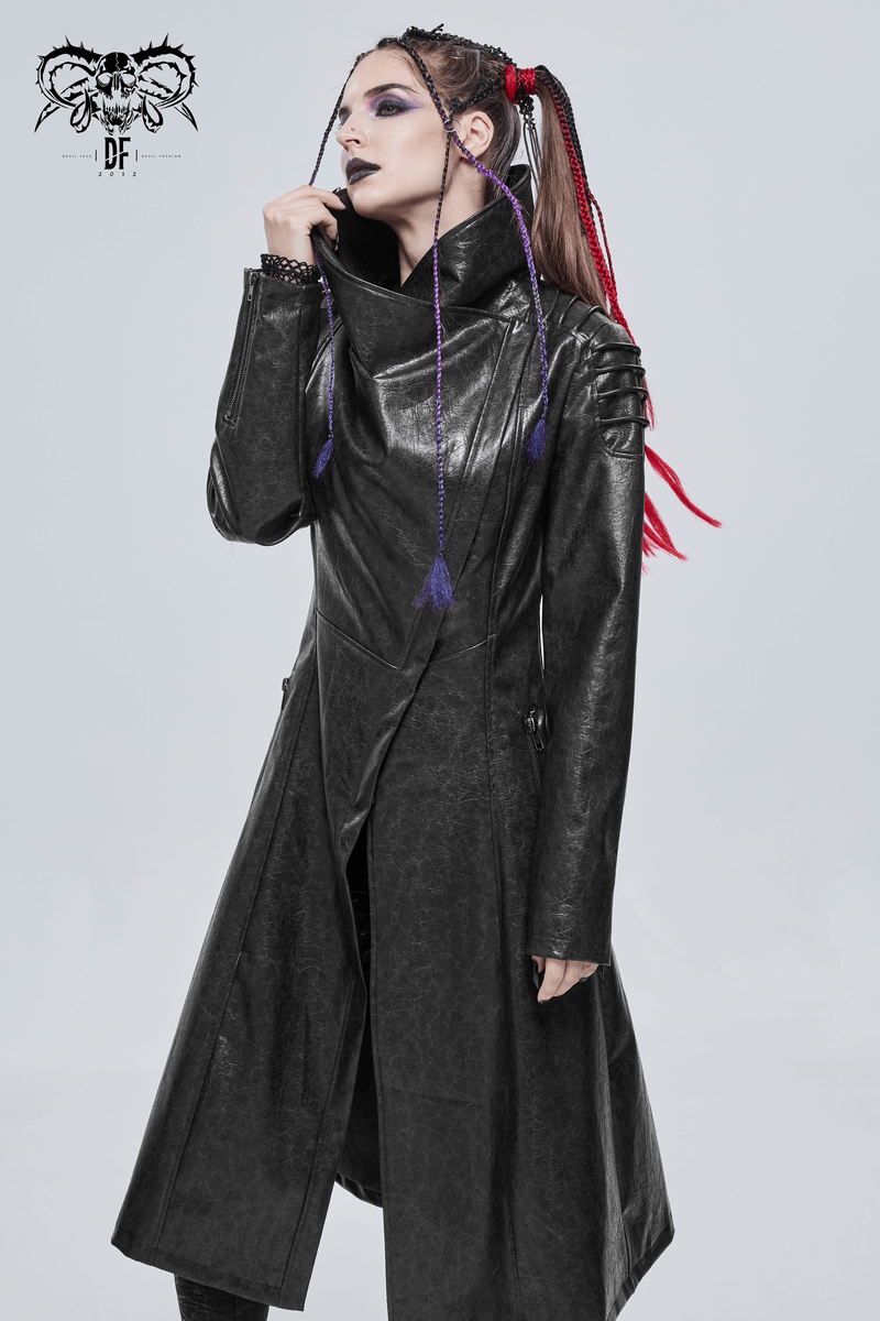 Gothic PU Leather Long Coat with Rope on Shoulders / Women's Stand Collar Coat with Zipper on Cuffs - HARD'N'HEAVY