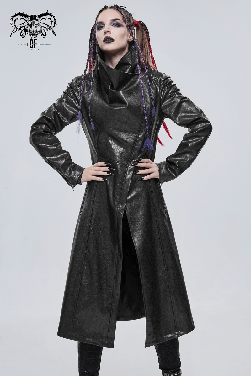 Gothic PU Leather Long Coat with Rope on Shoulders / Women's Stand Collar Coat with Zipper on Cuffs - HARD'N'HEAVY