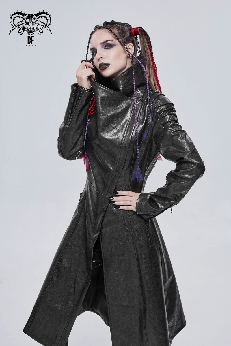 Gothic PU Leather Long Coat with Rope on Shoulders / Women's Stand Collar Coat with Zipper on Cuffs - HARD'N'HEAVY