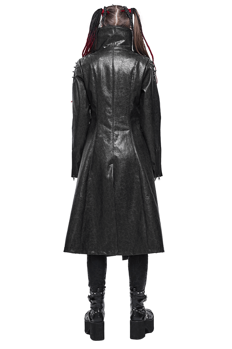 Gothic PU Leather Long Coat with Rope on Shoulders / Women's Stand Collar Coat with Zipper on Cuffs - HARD'N'HEAVY