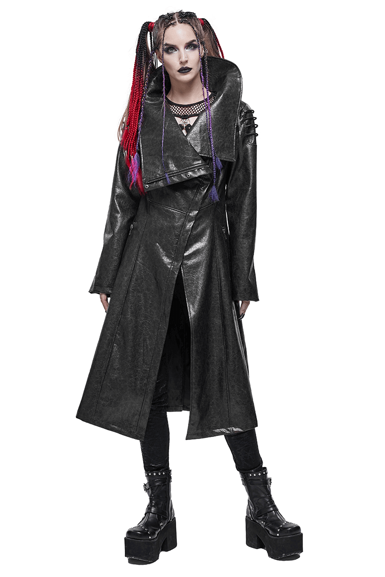 Gothic PU Leather Long Coat with Rope on Shoulders / Women's Stand Collar Coat with Zipper on Cuffs - HARD'N'HEAVY