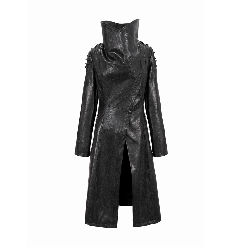 Gothic PU Leather Long Coat with Rope on Shoulders / Women's Stand Collar Coat with Zipper on Cuffs - HARD'N'HEAVY