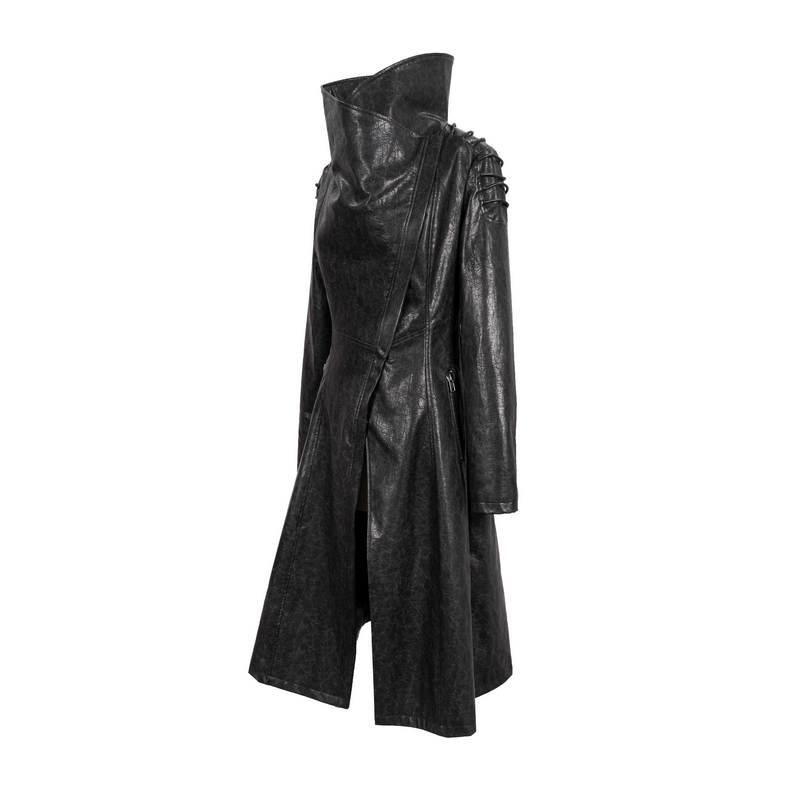 Gothic PU Leather Long Coat with Rope on Shoulders / Women's Stand Collar Coat with Zipper on Cuffs - HARD'N'HEAVY