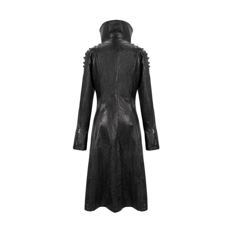 Gothic PU Leather Long Coat with Rope on Shoulders / Women's Stand Collar Coat with Zipper on Cuffs - HARD'N'HEAVY