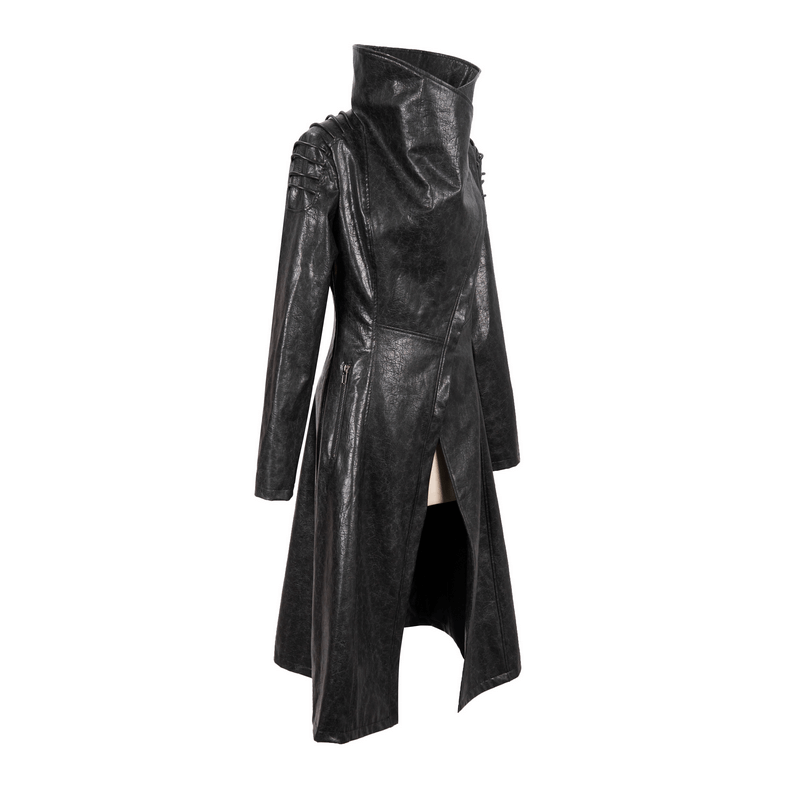 Gothic PU Leather Long Coat with Rope on Shoulders / Women's Stand Collar Coat with Zipper on Cuffs - HARD'N'HEAVY