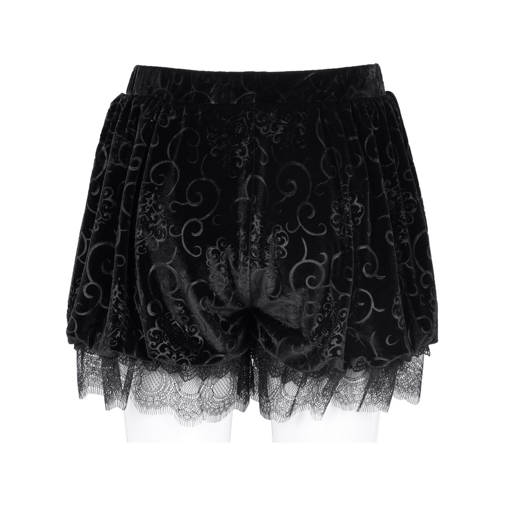 Gothic velvet puff shorts with lace trim and intricate baroque patterns, perfect for dark romance styling.