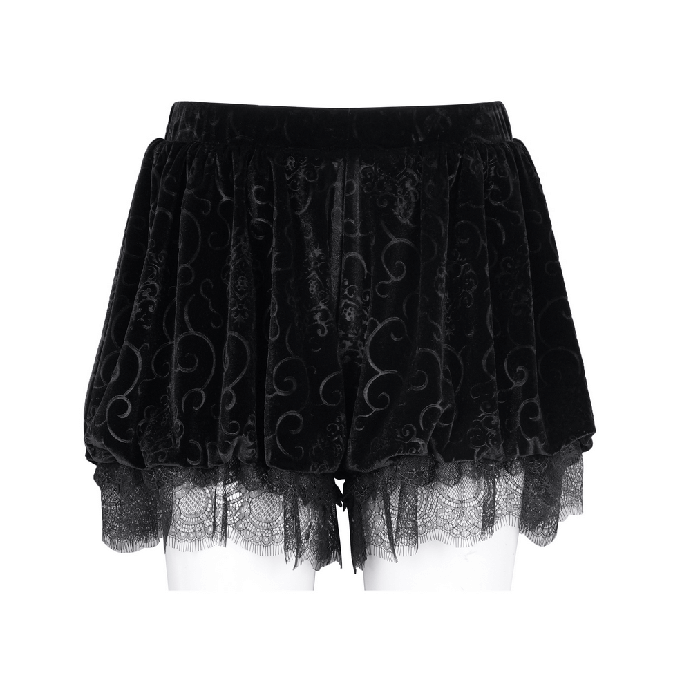 Gothic velvet puff shorts with lace trim and baroque patterns, perfect for dark romance styling.